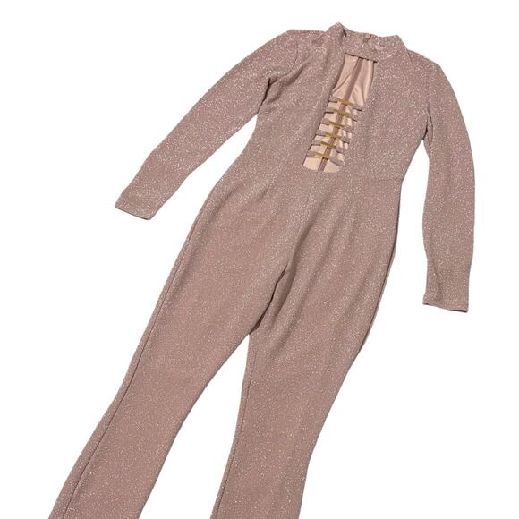 NWT Bebe Jumpsuit - Pink Sparkle - Plunge Neckline Cut-outs - Medium - Picture 1 of 15